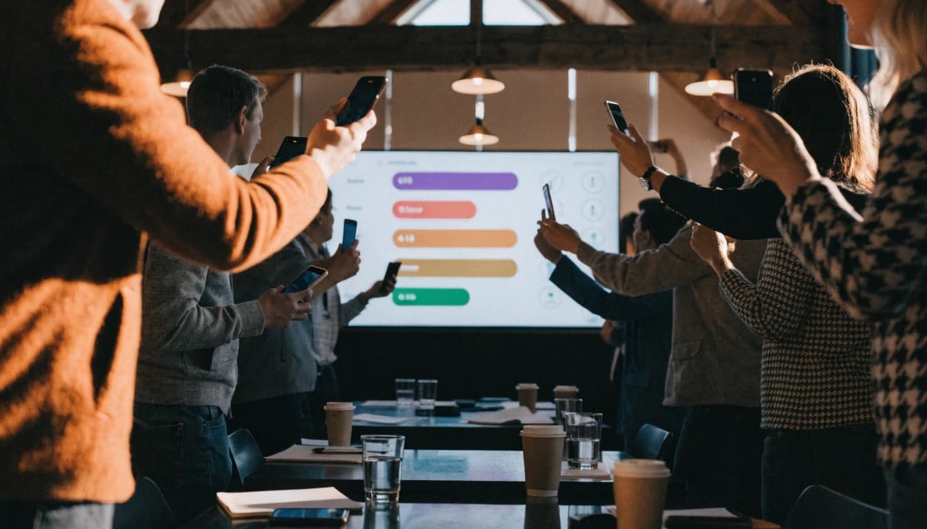 Group of people playing trivia game with questions on big screen
