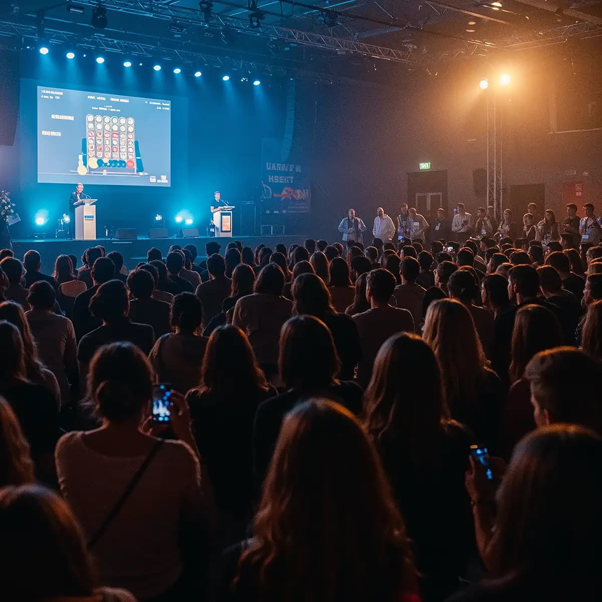 Large conference audience engaged in interactive activity