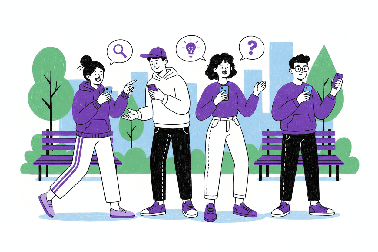Team using phones during outdoor scavenger hunt activity